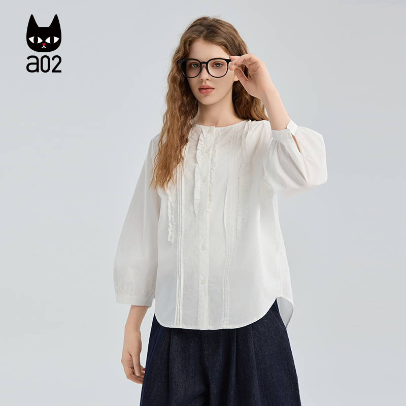 a02七分袖白色甜美风衬衫女2025新款秋季设计感衬衣秋装上衣