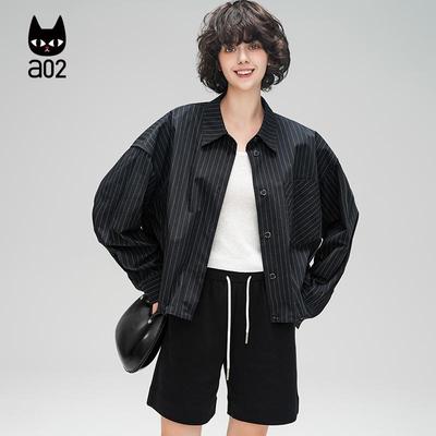 a02【ET自然系列】100%棉衬衫女上衣显瘦条纹长袖衬衣短款外套