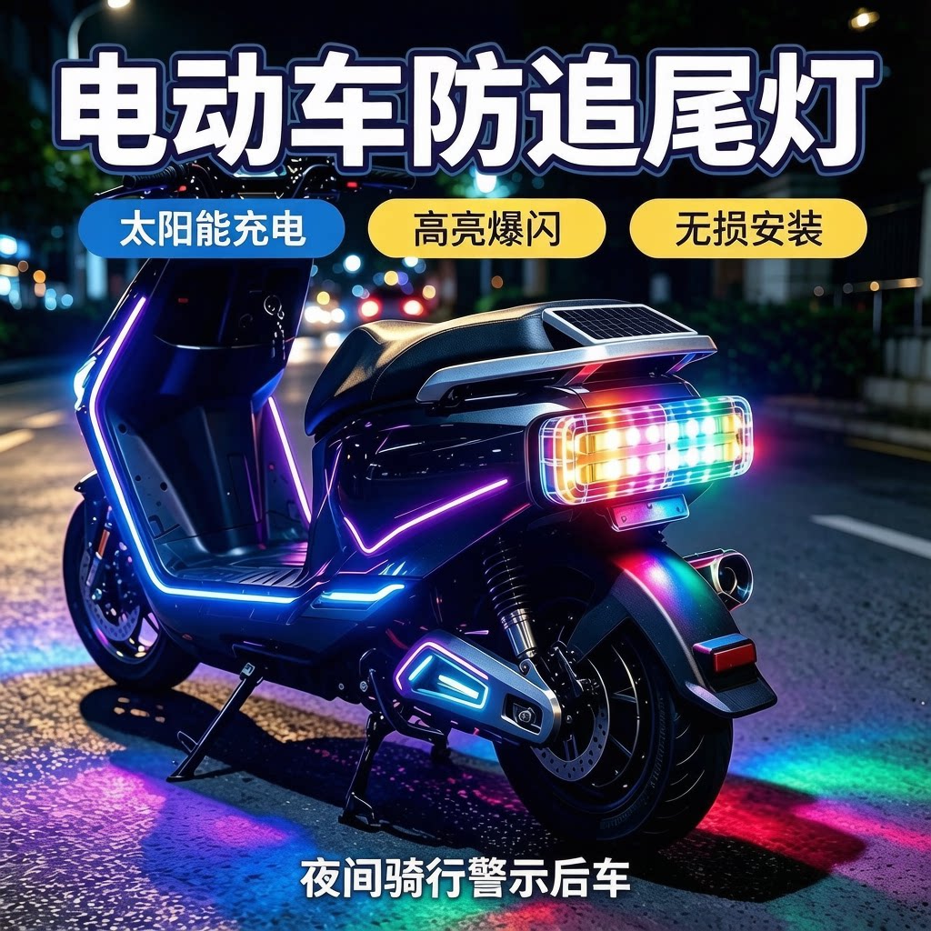 汽车电动摩托车太阳能警示灯七彩爆闪灯夜骑防追尾闪光灯尾灯边灯