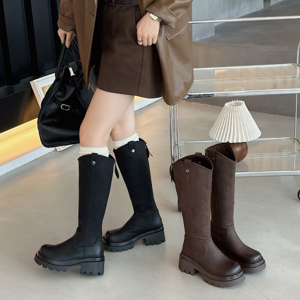 厚底黑色骑士靴女2025秋冬季小个子增高长筒靴百搭后拉链高跟靴子