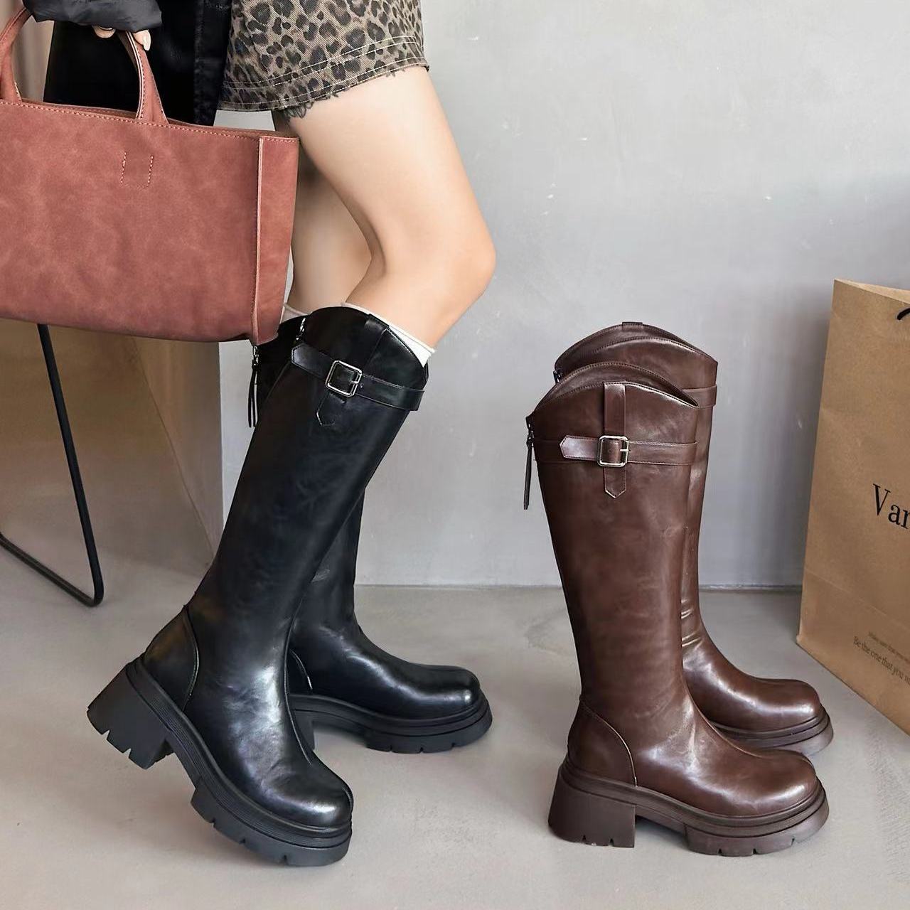 厚底黑色骑士靴女2025秋冬季小个子增高长筒靴百搭后拉链高跟靴子