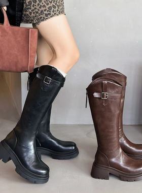 厚底黑色骑士靴女2025秋冬季小个子增高长筒靴百搭后拉链高跟靴子