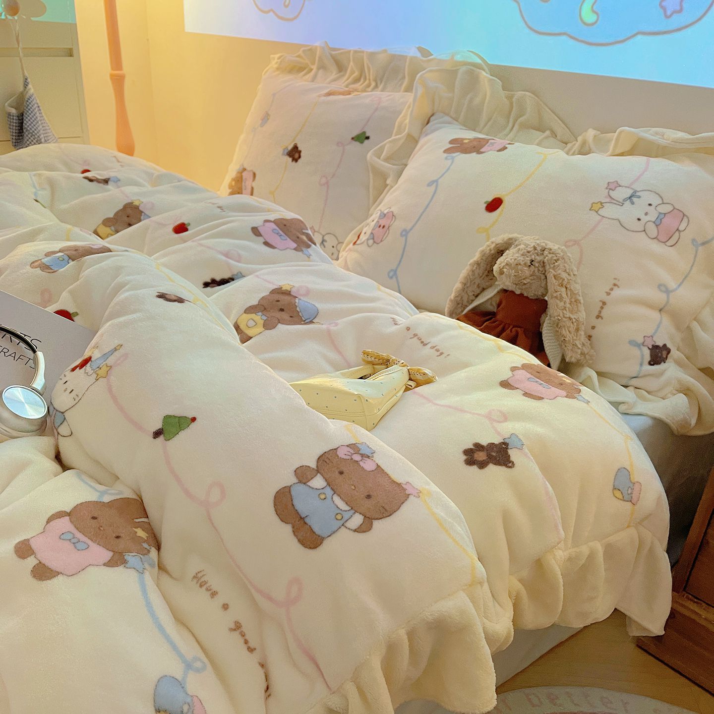 冬季韩版床上用品花边少女心加厚牛奶绒四件套可爱卡通碎花系列
