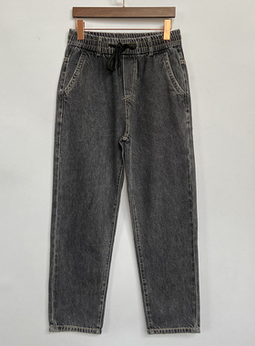 秋冬款休闲松紧腰宽松长裤男女港风老爹直筒黑烟灰色系绳牛仔裤子