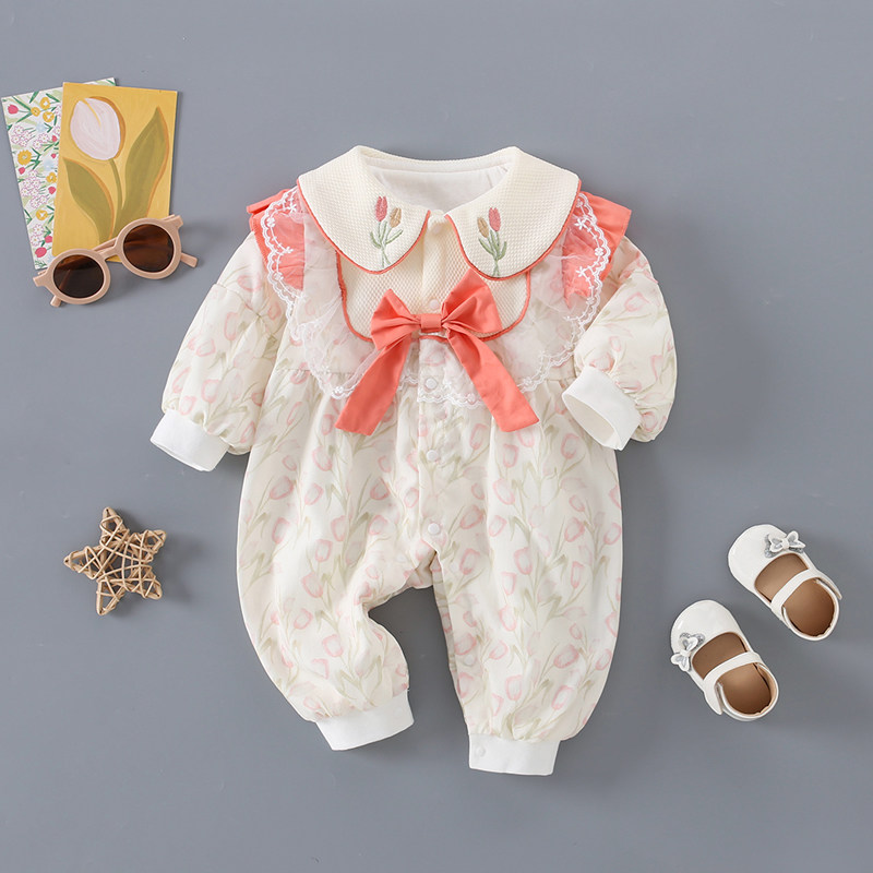 婴儿双层连体衣01岁女宝宝春秋装哈衣可爱公主新生儿外出爬服洋气
