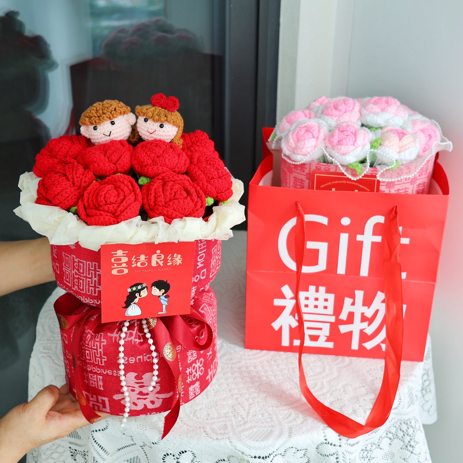结婚领证订婚手捧花送女友闺蜜创意纪念手工钩织毛线玫瑰花束成品
