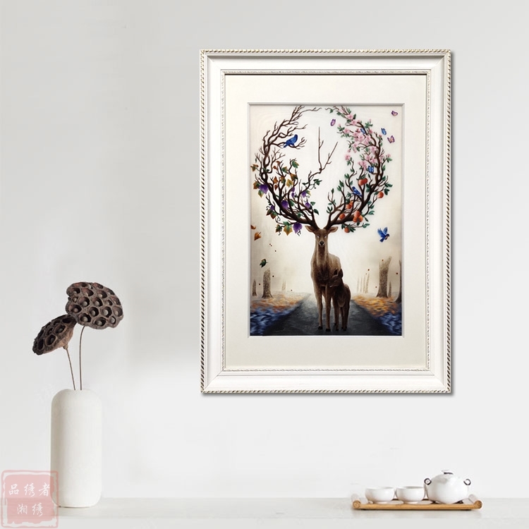 湘绣 福禄双全 发财路 鹿典雅地区热卖雅致礼品纯手工刺绣