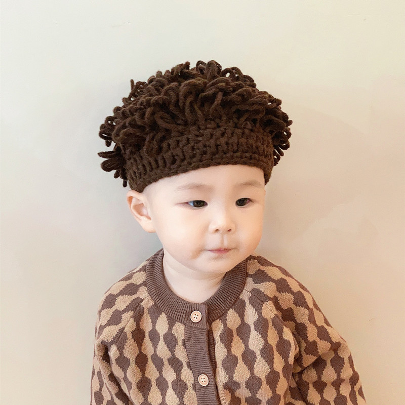 可爱婴儿洋气帽子韩国超萌女宝宝男毛线帽儿童搞笑头套装饰假发帽