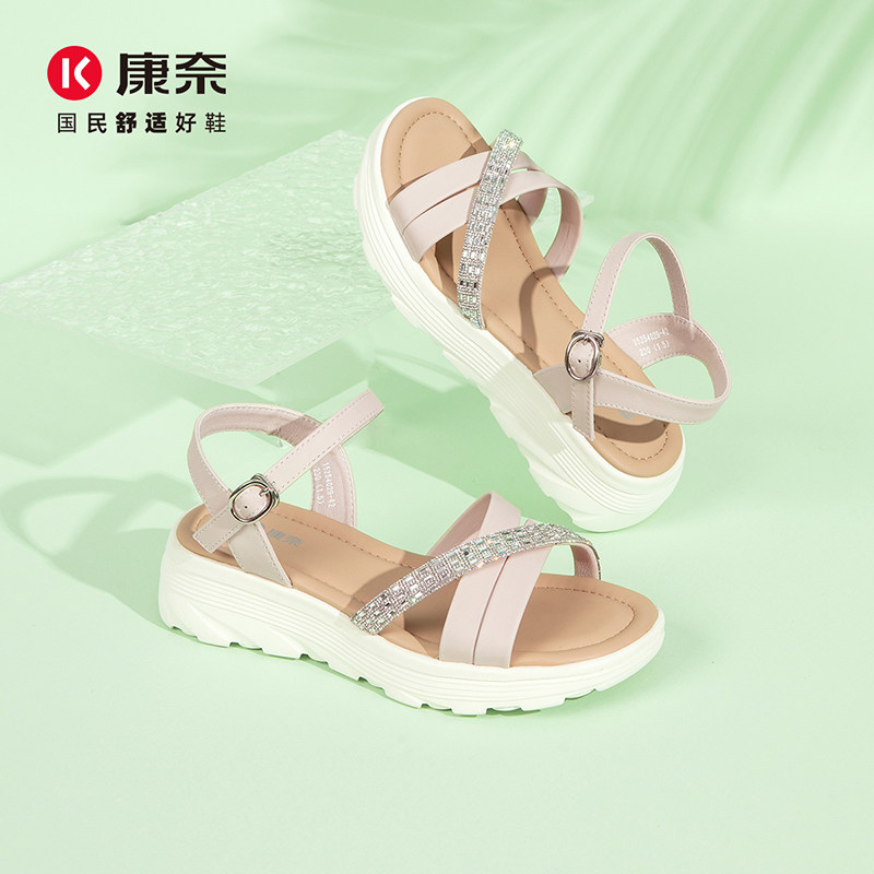 康奈夏季牛皮一字带露趾凉鞋女鞋图片