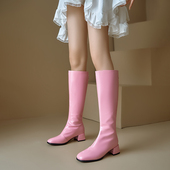 欧美外贸跨境漆皮圆头粗跟高筒靴粉色表演鞋 跳舞不过膝大码