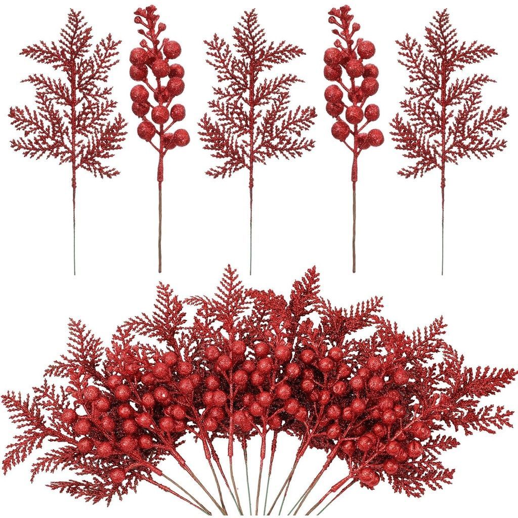 圣诞节装饰品 仿真闪粉叶红果圣诞树装饰配件DIY手工圣诞花环材料