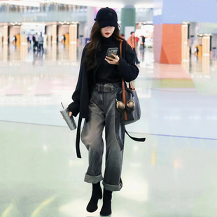 DPH NICE男友中性风腰带阔腿牛仔裤女高腰可拆卸复古遮肉直筒长裤