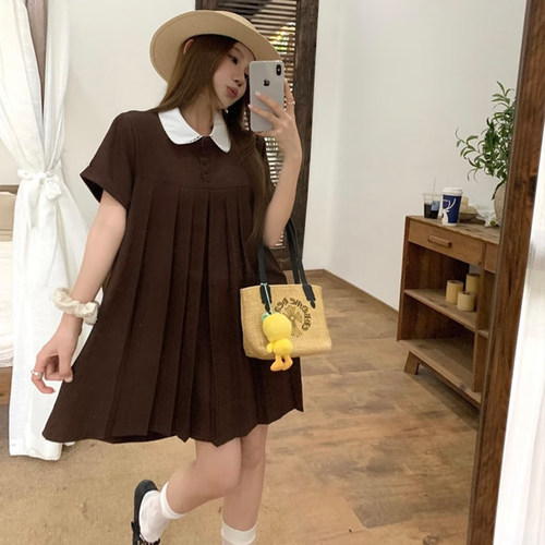 DPH NICE拼色镂空娃娃领短袖衬衫连衣裙女宽松显瘦套头短裙娃娃衫