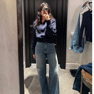 DPH NICE水洗蓝双口袋阔腿牛仔裤高腰显瘦直筒长裤老钱风高级感春