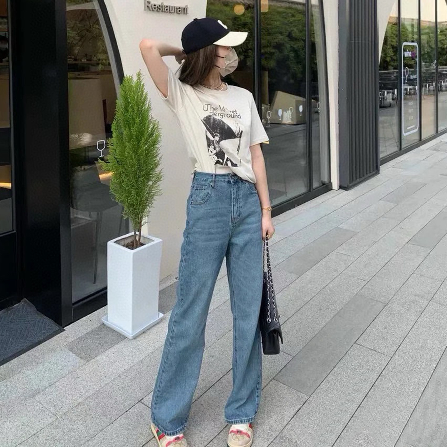DPH NICE蓝色常规薄款阔腿牛仔裤女高腰显瘦休闲老钱风直筒长裤夏
