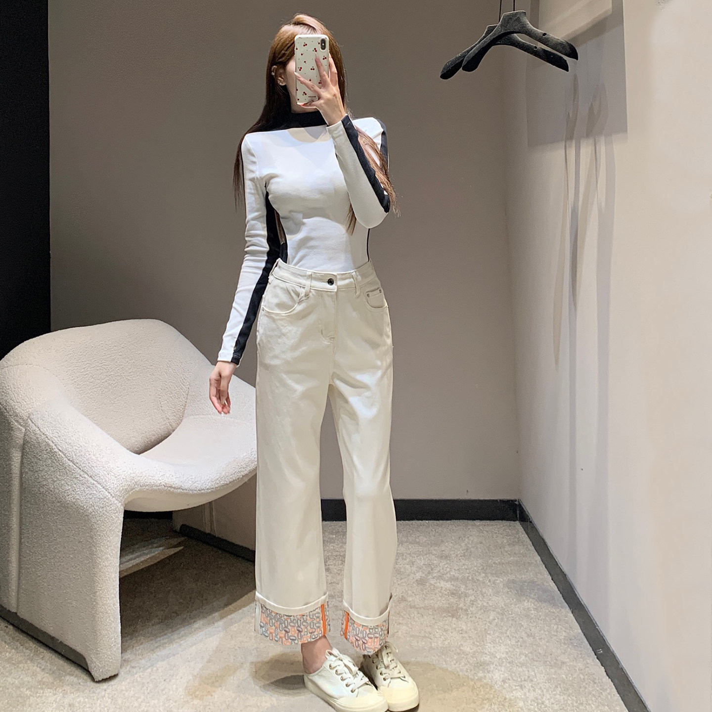 DPH NICE彩色印花卷边直筒牛仔裤女高腰显瘦设计感小众九分裤夏季