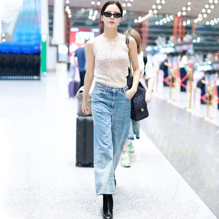DPH NICE编织腰带阔腿牛仔裤女夏季高级感高腰显瘦垂感复古九分裤