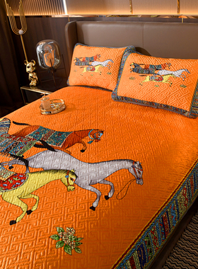 欧美式秋冬宝宝绒绗缝立体加棉数码印花床盖双人橙色骏马三件套