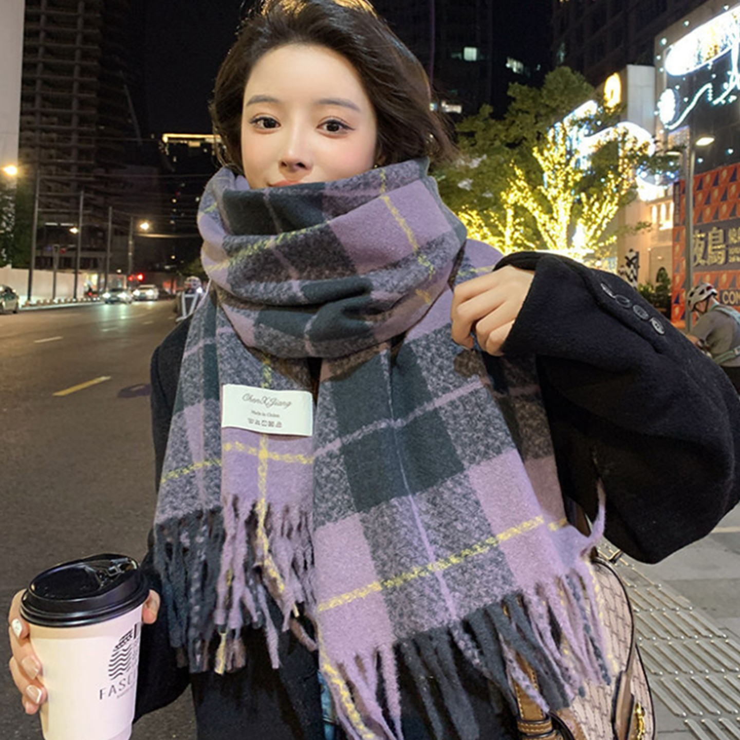 芋泥紫格子围巾男女冬季保暖披肩