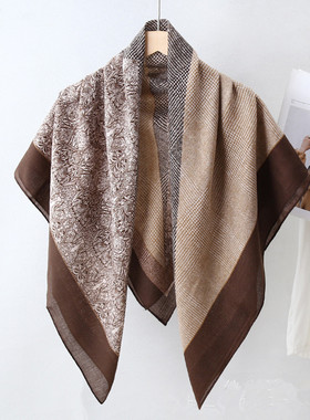 110x110方巾丝巾女秋冬新款高级感棉麻围巾复古时尚洋气保暖披肩