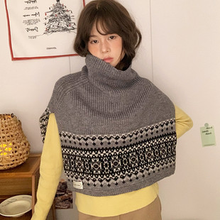 费尔岛复古高领针织披肩围巾女秋冬季韩系高级感叠穿保暖围脖外搭