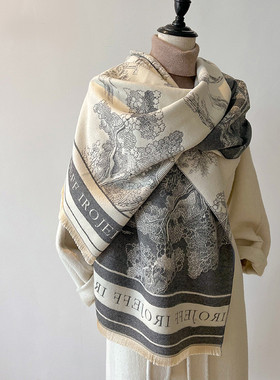 黑白围巾女秋冬季2024新款欧美轻奢仿羊绒披肩外搭高级感保暖围脖