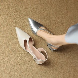 小码313233包头凉鞋女高跟一字带尖头银色法式大码女鞋41粗跟单鞋