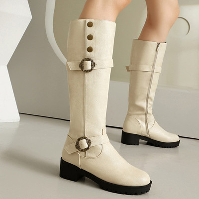 米色不过膝长靴女高跟小个子复古