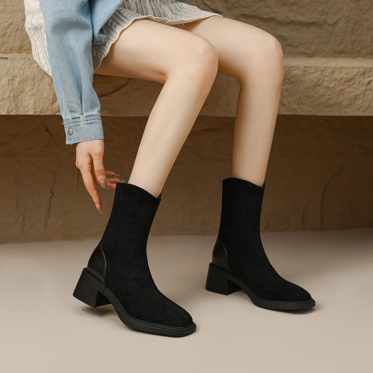 粗跟短靴方头女靴弹力新款