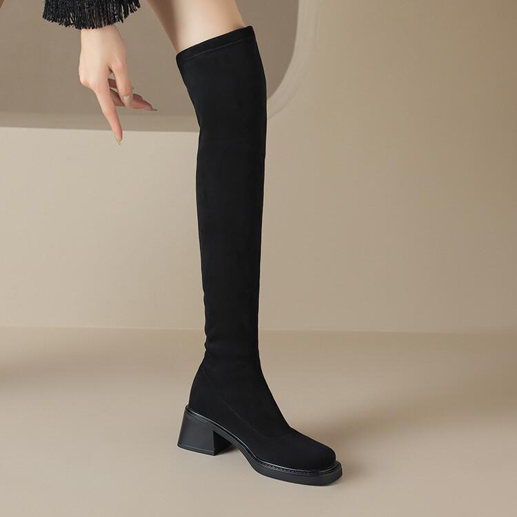 绒面黑色中高跟大码显瘦骑士靴