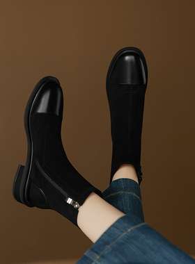 弹力拼接单靴2025新款秋冬绒面显瘦大码靴333435粗跟瘦瘦靴马丁靴