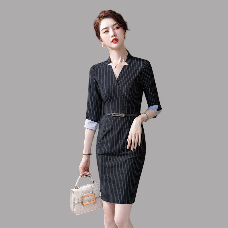 条纹职业装气质女神范连衣裙ol职场女装七分袖珠宝店美容师工作服