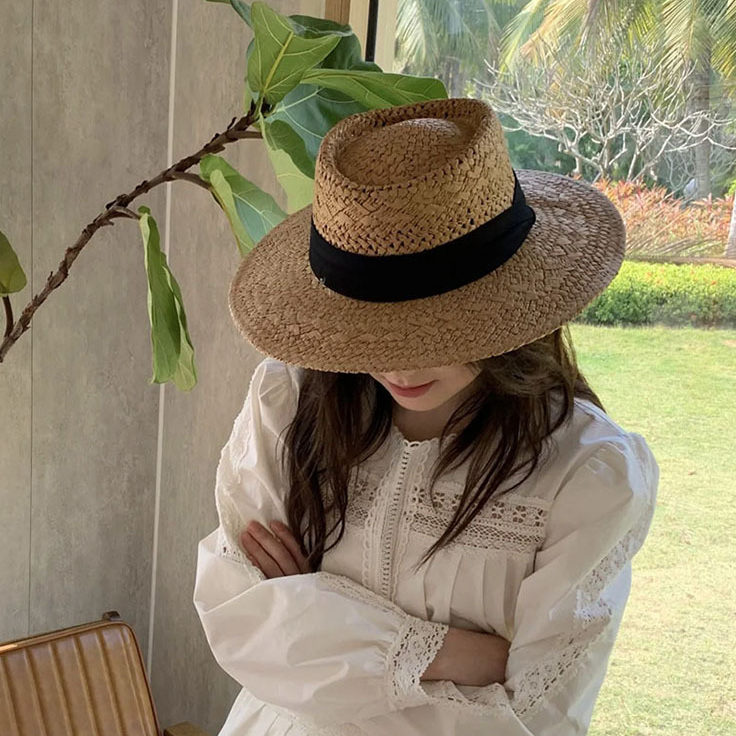 法式平顶草帽女夏季出游海边沙滩帽草编复古礼帽大檐防晒遮阳帽子,服饰配件/皮带/帽子/围巾,帽子,淘宝优惠券,粉丝福利购,淘宝优惠卷