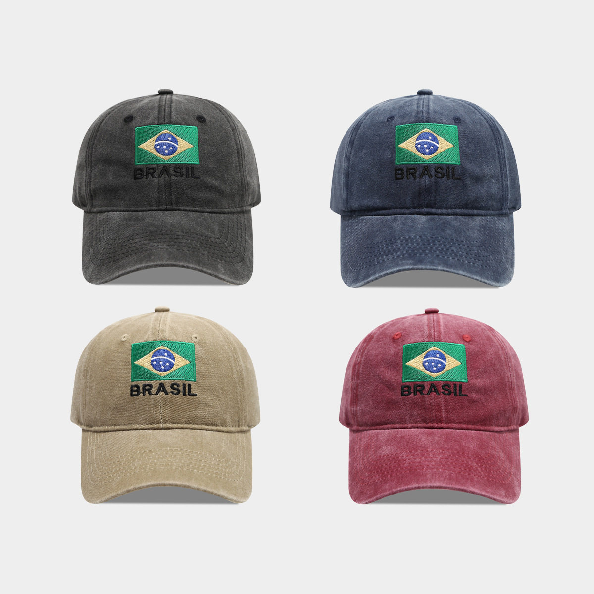 巴西国旗刺绣软顶鸭舌帽世界杯户外运动复古做旧黑色棒球帽男女潮