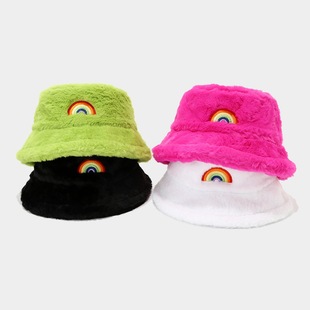 新款秋冬渔夫帽彩虹刺绣加厚保暖绒毛帽子户外街头男女时尚盆帽