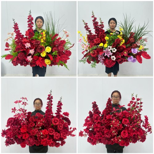 婚庆地排花红色中式订婚宴仿真花