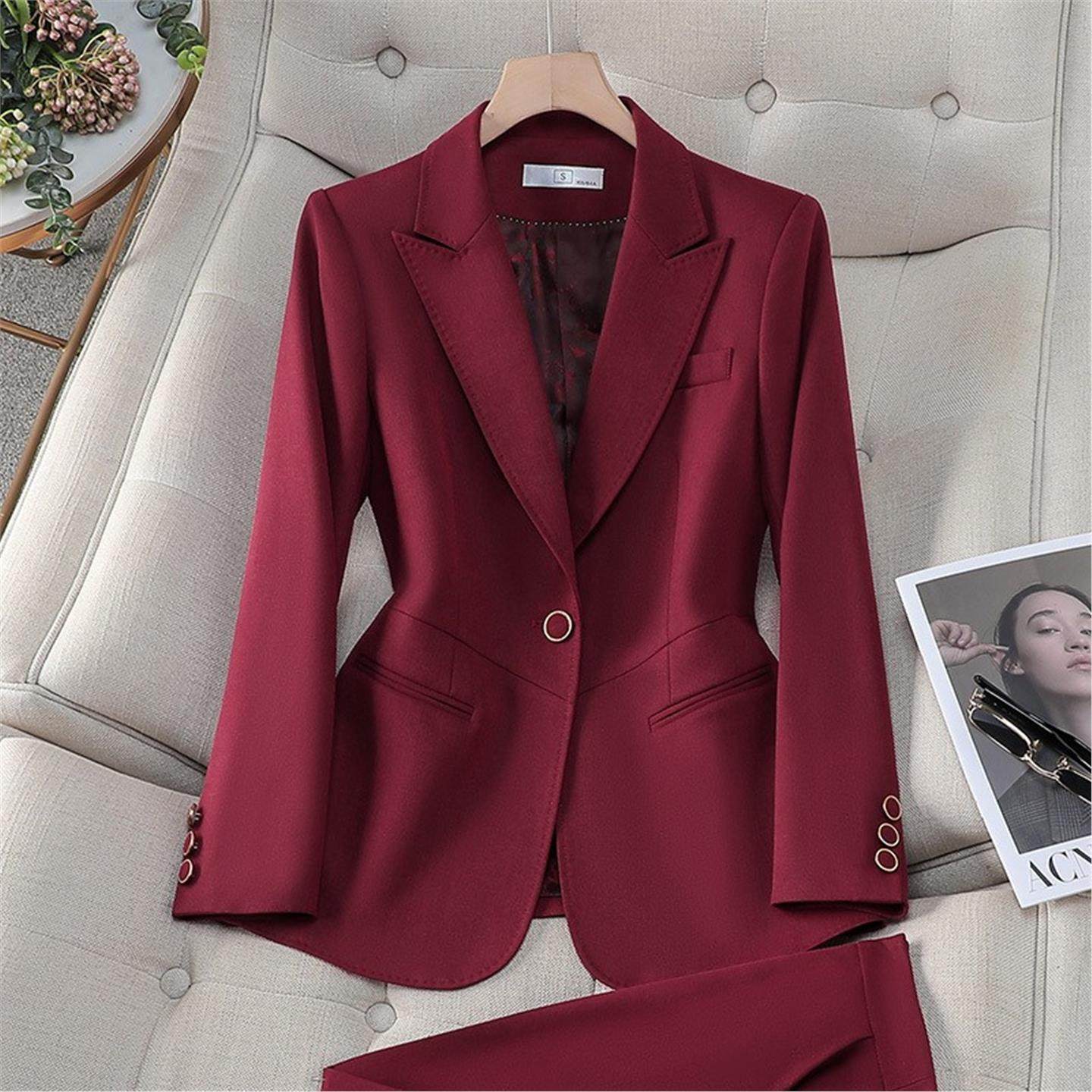 酒红色西装套装女优雅风长袖年会职业正装修身轻奢高端微喇裤外套