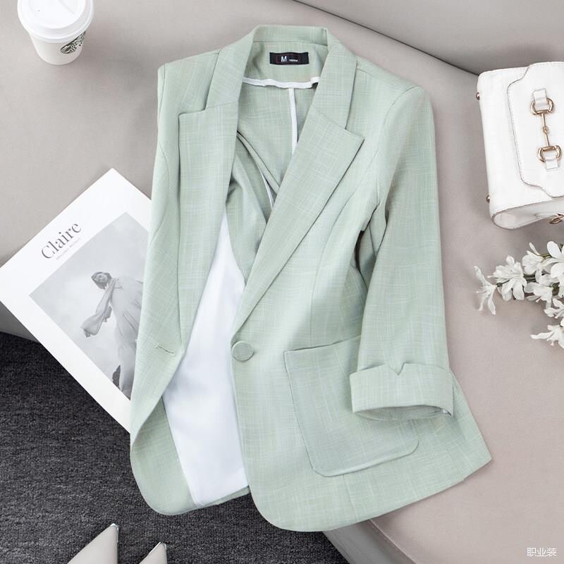 薄荷绿小西装外套女夏季薄款七分袖休闲短款小个子女神亚麻上衣