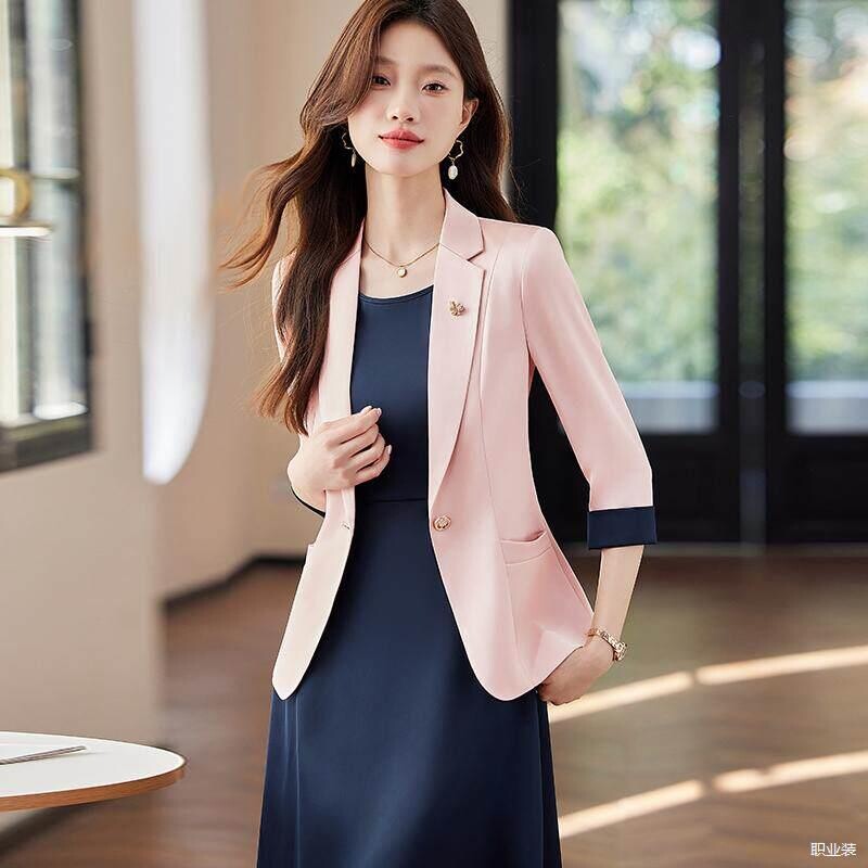 轻奢粉色西装外套女中袖薄款夏季气质连衣裙盐系轻熟风裙子两件套