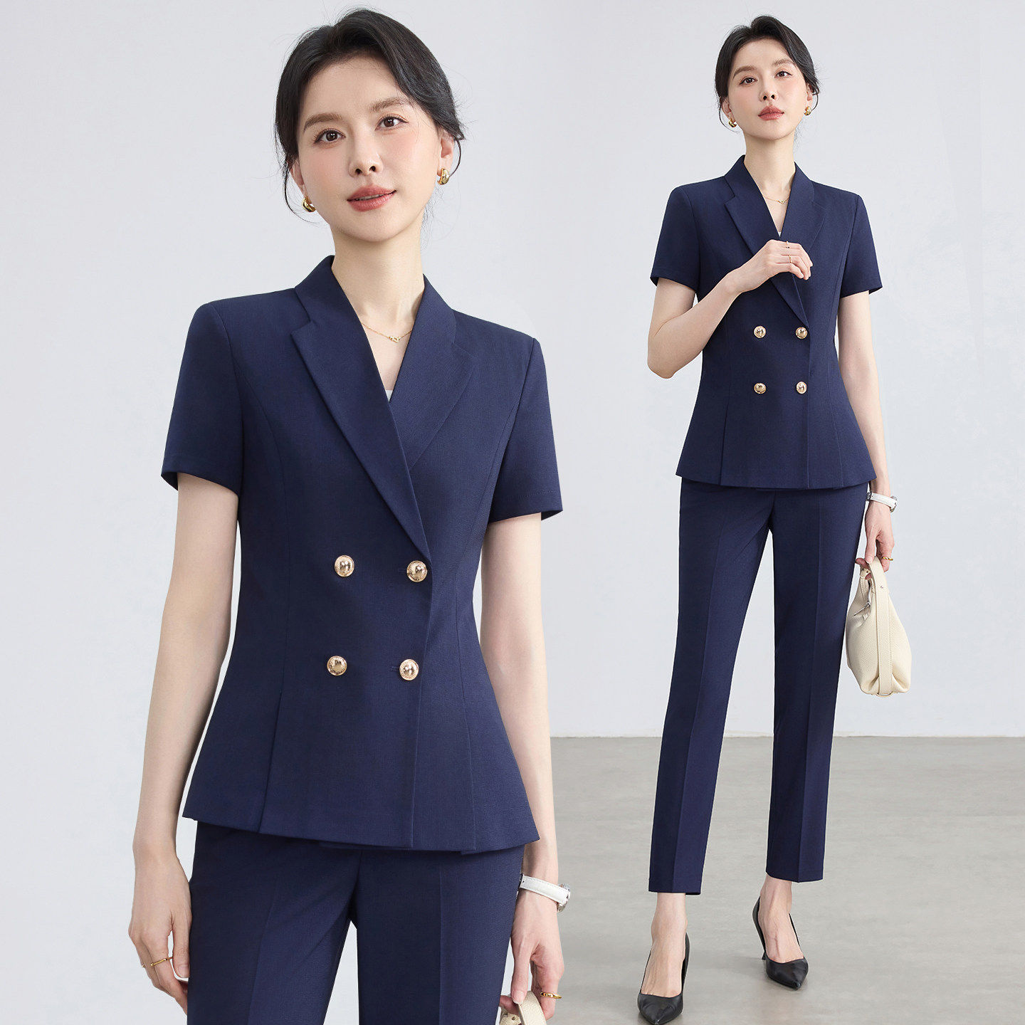 深蓝色夏薄款西装外套前台女神气质套装轻奢短袖双排扣正装工作服