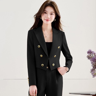黑色轻熟通勤风双排扣短款西装套装女春秋小个子气质上班服两件套