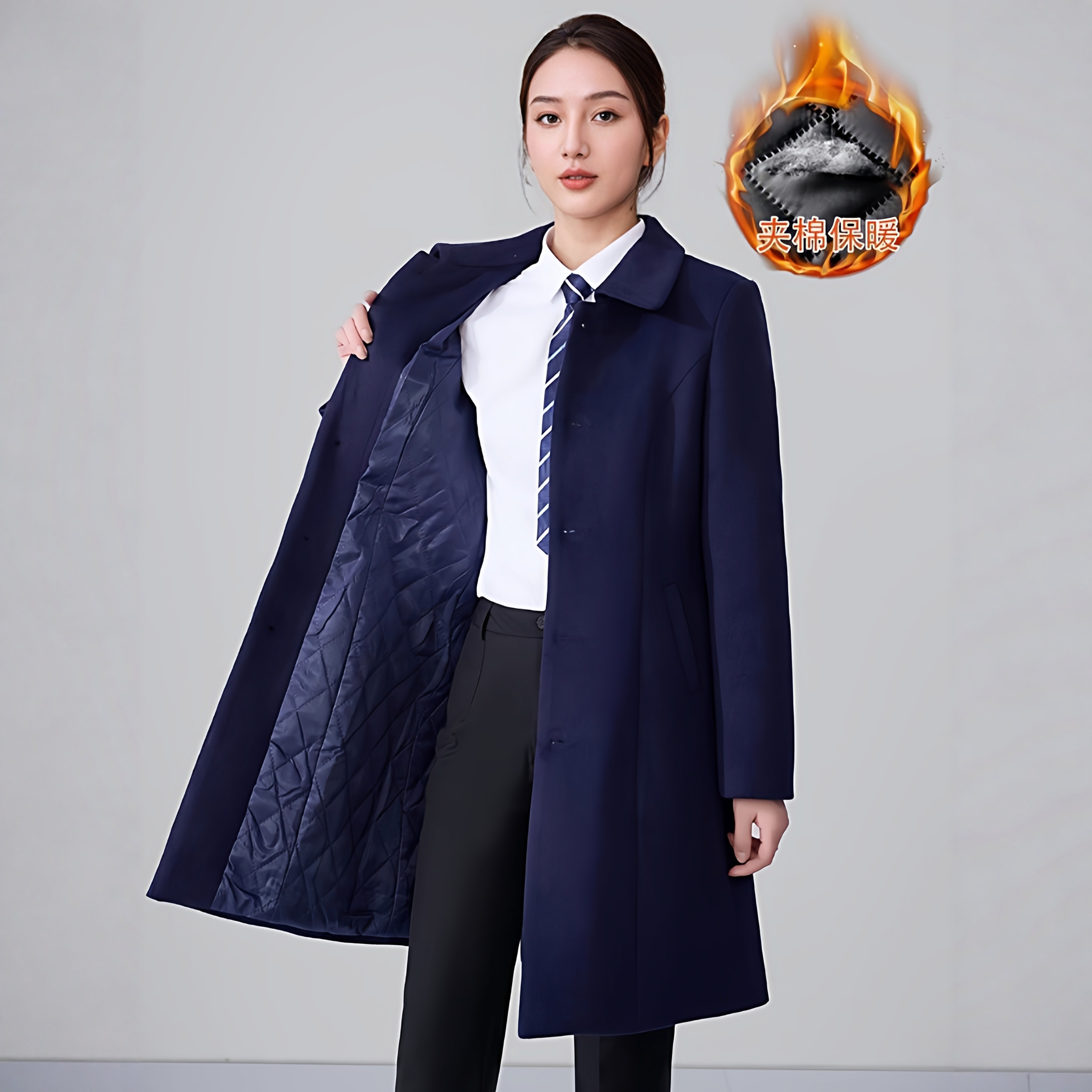 加厚女职业夹棉工作服保暖中长款藏青色男女通用西装大衣毛呢外套