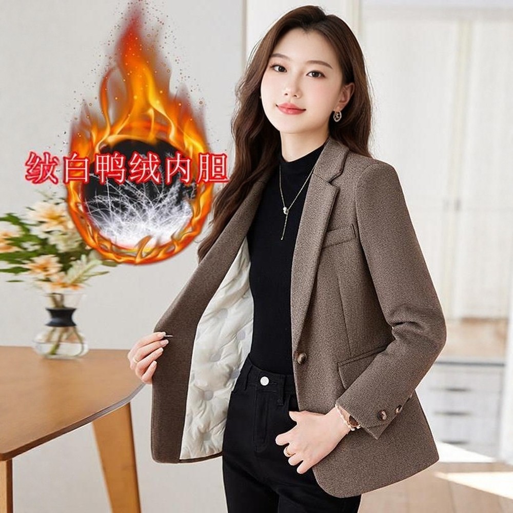 毛呢西装外套女小个子西服咖色羽绒内胆加厚保暖冬季职业复古正装
