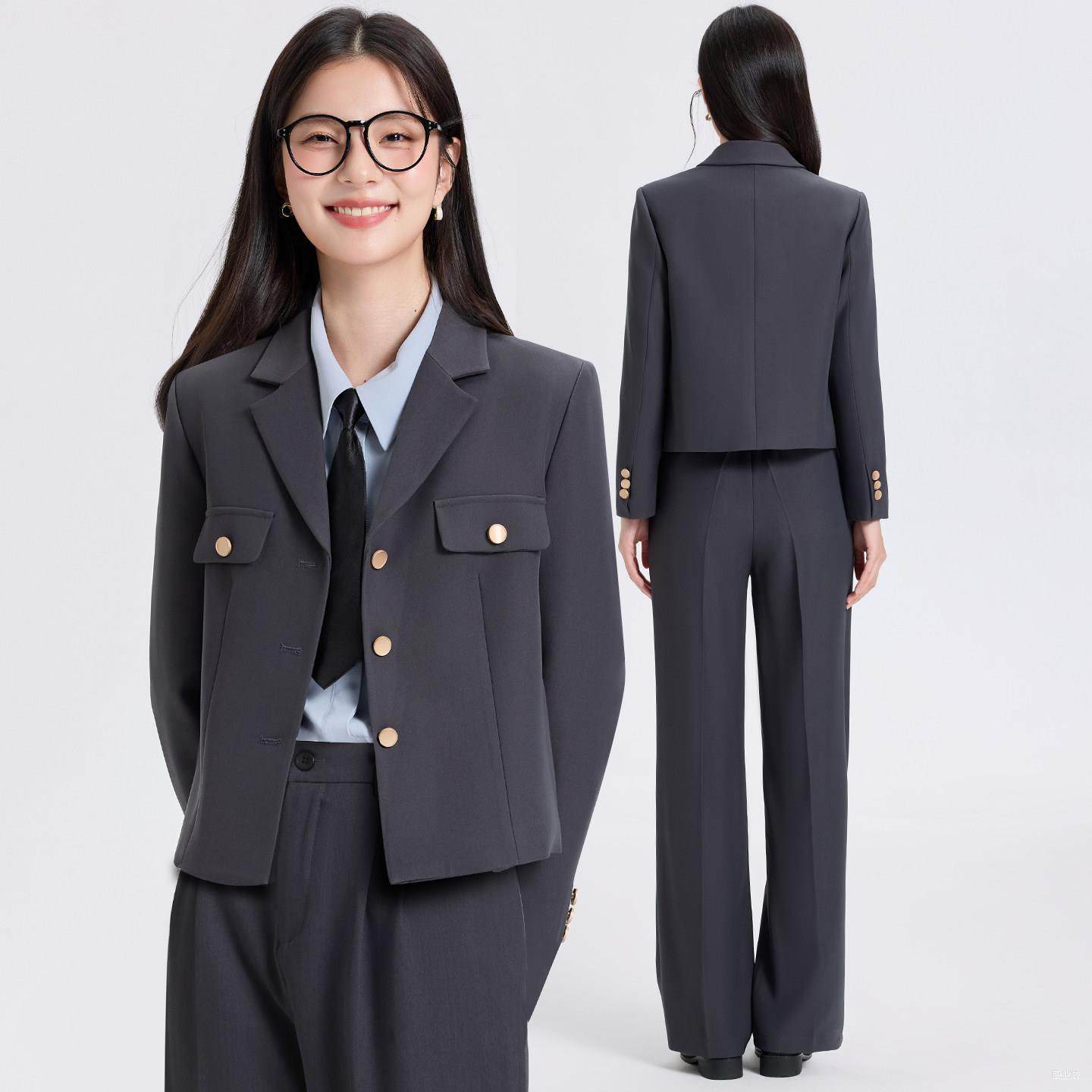 灰色小个子西装套装女高级修身直筒裤春收腰休闲黑色短款正装外套