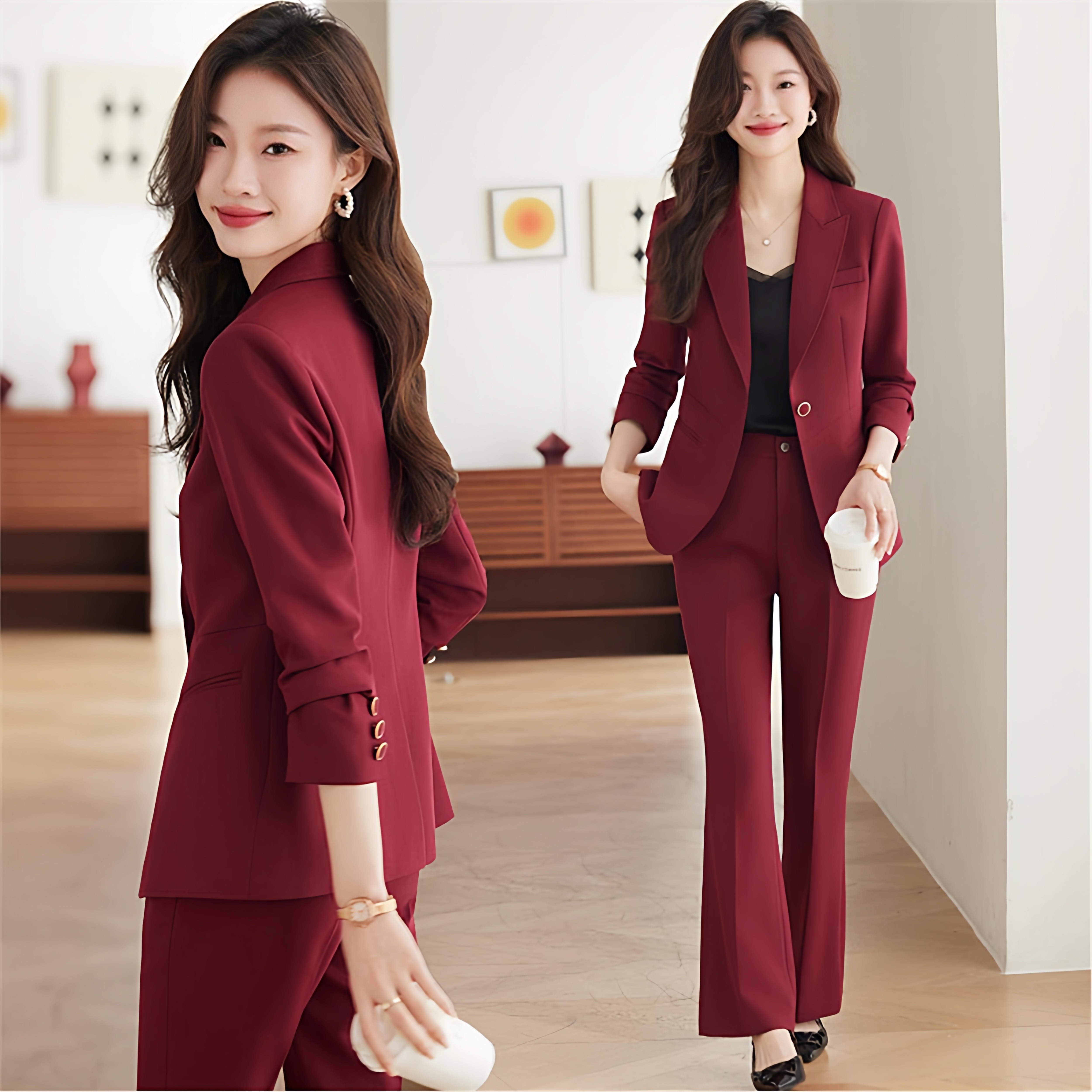 职业装西装套装气质秋冬工作服外套正装酒红色女主持人年会阔腿裤