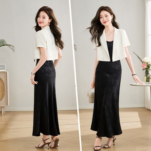 轻奢亚麻夏短款小西装外套女薄款小个子吊带连衣裙外搭开衫两件套