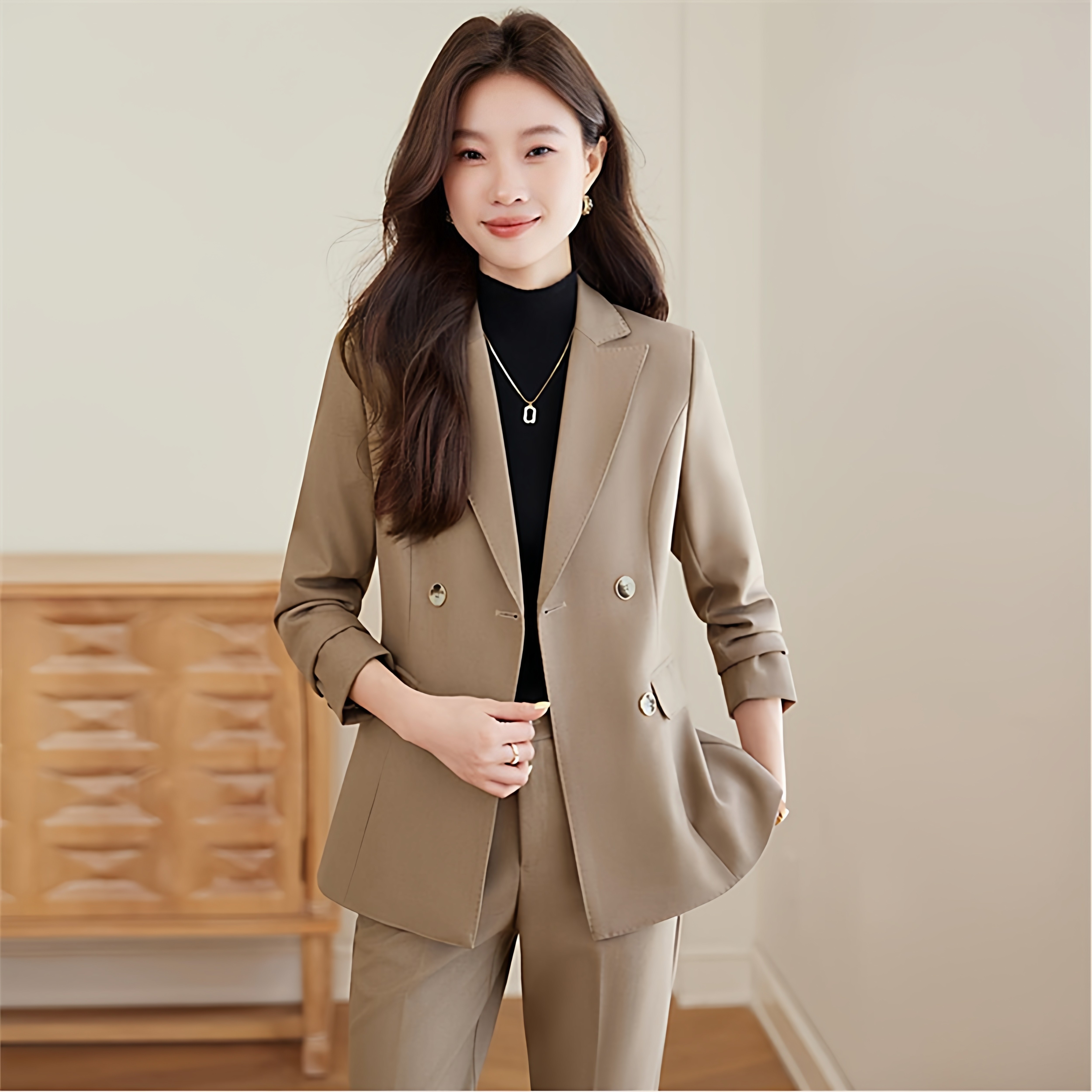 女神气质外套女西装职业正装女士高级感前台工作服卡其色套装秋冬