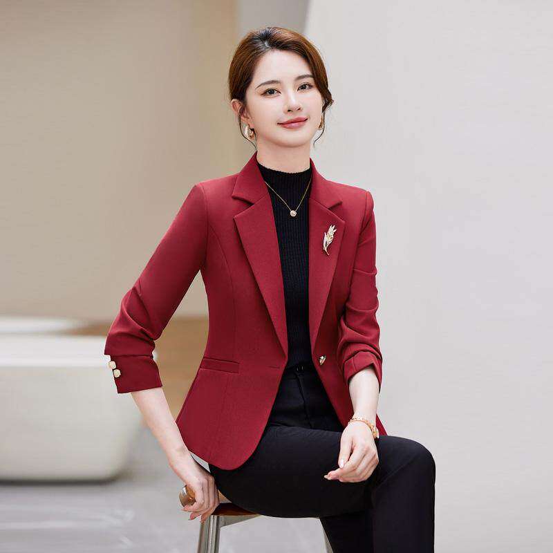 酒红色小西装外套女春秋小个子气质女神修身收腰百搭女士西服上衣