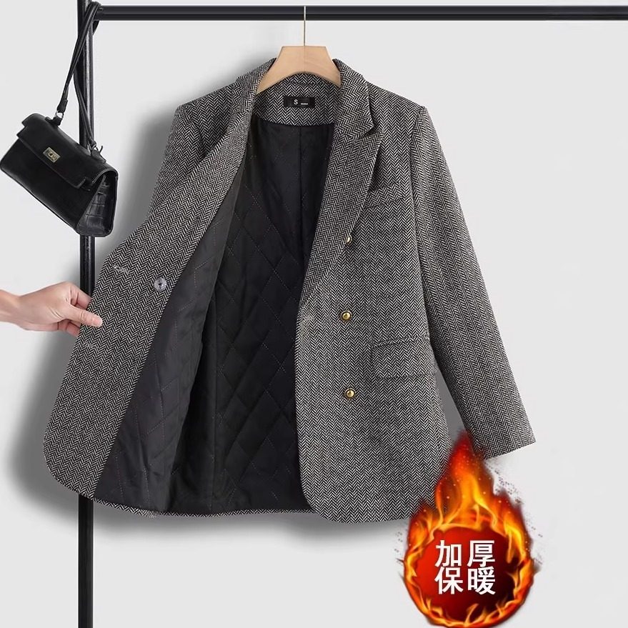 小个子秋冬西装女感夹棉加棉厚款复古高级绵羊毛毛呢外套灰色西服