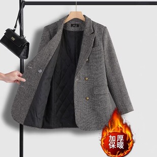 小个子秋冬西装女感夹棉加棉厚款复古高级绵羊毛毛呢外套灰色西服